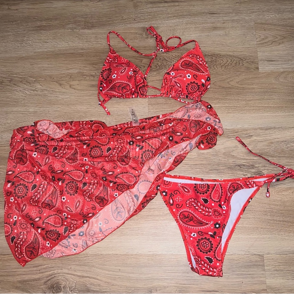 Red Paisley Bikini Set with Cover-Up